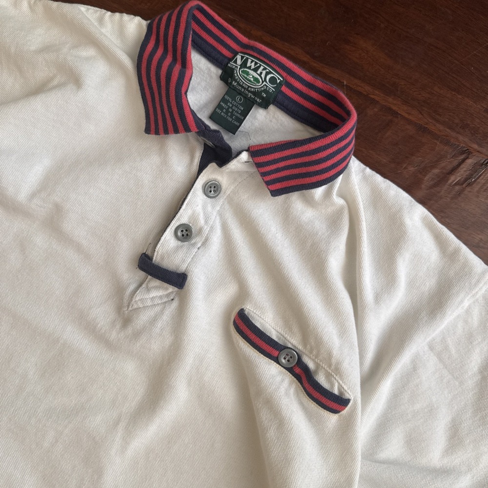 Vintage NWKC Munsingwear Cotton Polo Shirt Men's Large White Red Blue Nautical
